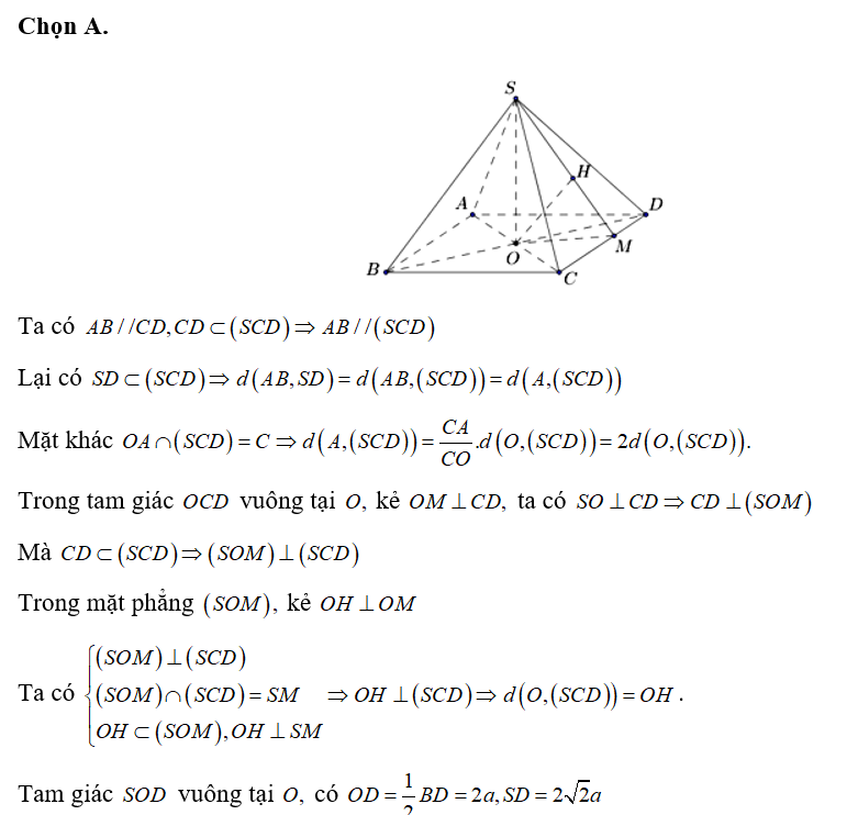 Cho hình chóp S.ABCD có đáy ABCD là hình thoi tâm O. Biết AC= 4 căn bậc hai 3a,BD= 4a, SD= 2 căn bậc hai 2a (ảnh 1)