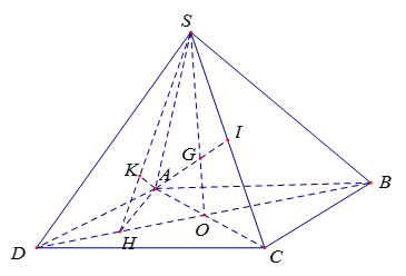 Cho hình chóp S.ABCD có đáy ABCD là hình chữ nhật, AB = a, AD = 2a, SA vuông góc mp abcd, SA = a. Tính khoảng cách từ trung điểm I của SC đến (SBD). (ảnh 1)