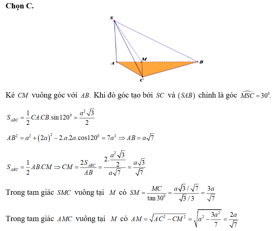 Cho hình chóp S.ABCD có AC=a, BC= 2a,góc ACB= 120 độ. Cạnh bên SA vuông góc (ABC) (ảnh 1)