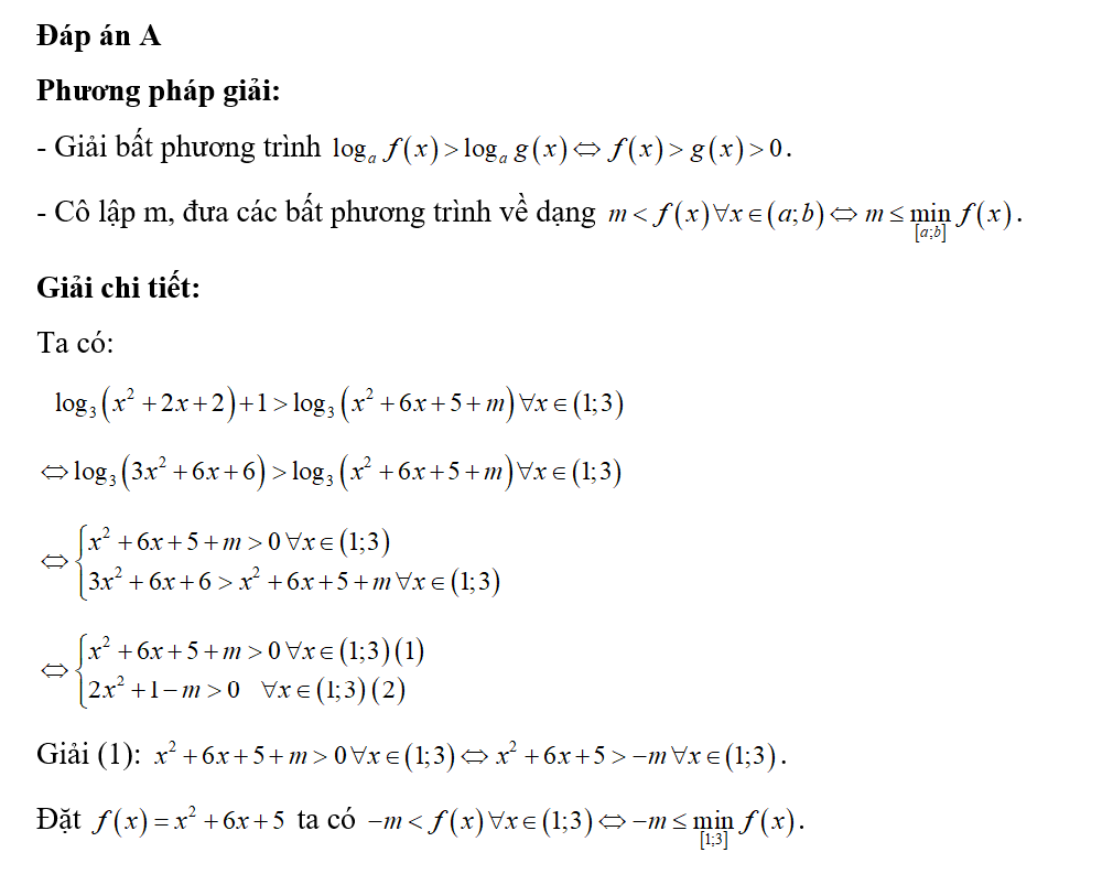 Cho bất phương trình log 3( x^2+2x+2)+1> log 3(x^2+6x+5+m). Có tất cả bao nhiêu giá (ảnh 1)