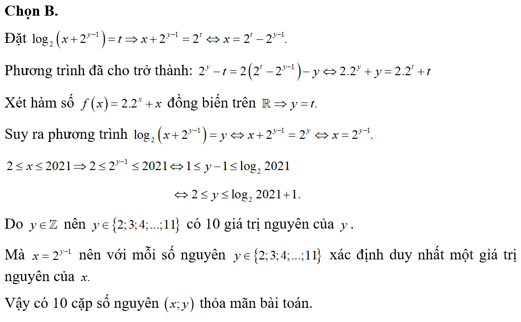 Có bao nhiêu cặp số nguyên (x;y) thỏa mãn2 bé hơn bằng x bé hơn bằng 2021  và log 2 (x+2^y-1)?  (ảnh 1)