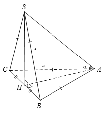 Cho hình chóp S.ABC có đáy ABC là tam giác đều cạnh a. Hình chiếu vuông góc của S lên (ABC) trùng với trung điểm H của cạnh BC. (ảnh 1)