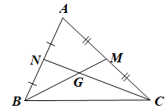 Cho tam giác ABC với hai đường trung tuyến BM và CN cắt nhau tại G. Kết luận nào  (ảnh 1)