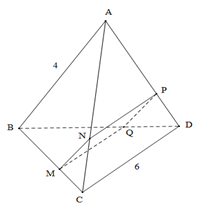 Cho tứ diện ABCD  có AB vuông góc với CD, AB = 4, CD = 6. M là điểm thuộc cạnh BC sao cho MC = 2BM. Mặt phẳng (P) đi qua M (ảnh 1)