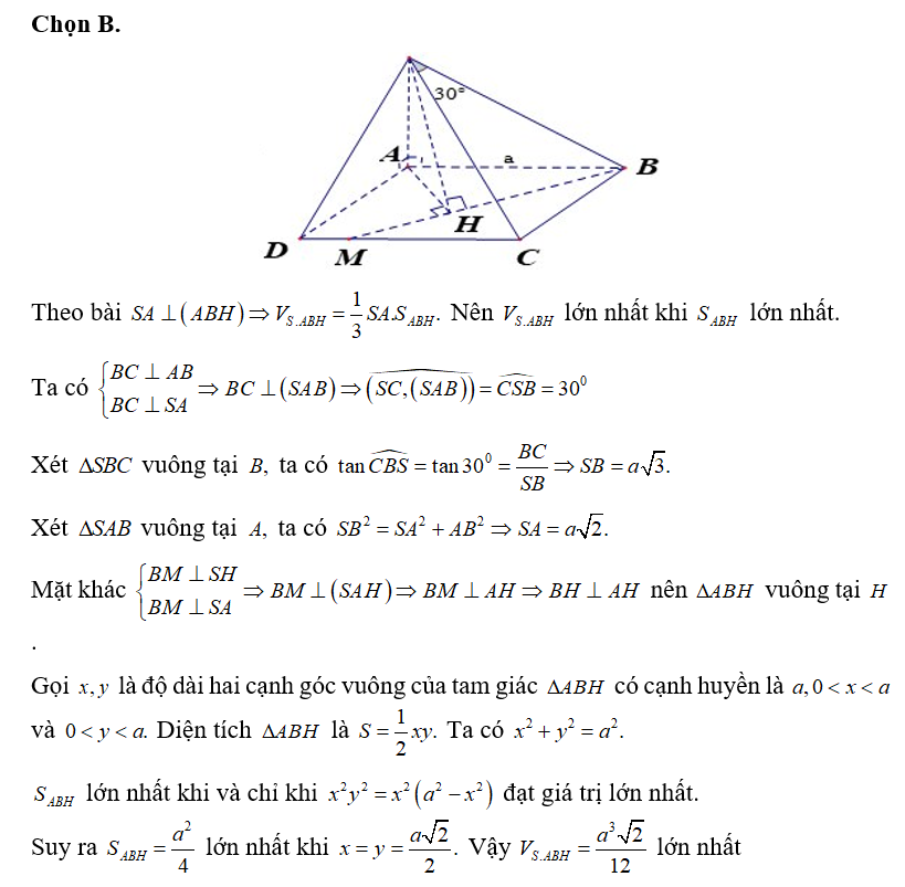 Cho hình chóp S.ABCD có đáy ABCD là hình vuông cạnh a, SA vuông góc với mặt đáy (ABCD) (ảnh 1)