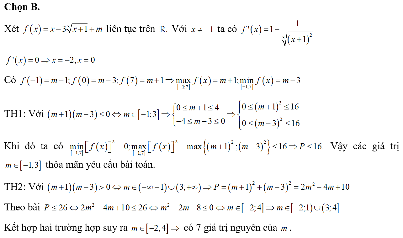 Cho hàm số f(x)= x- 3 căn bậc ba x+1+ m đặt P= max [-1;7] f(x) ^2+ min [-1;7] f(x) ^2.Có bao nhiêu giá trị (ảnh 1)