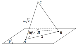 Cho tam giác ABCC  vuông tại A . Cạnh AB = a  nằm trong mặt phẳng (P) , cạnh AC = a căn bậc hai 2, AC  tạo với (P)  một góc 60 độ (ảnh 1)