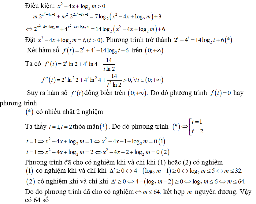 Cho phương trình m 2^x^2 - 4x - 1 + m^2  2^ 2x^2 - 8x - 1 = 7 log 2 ( x^2 - 4x + log 2 m)+ 3 (m là tham số) (ảnh 1)