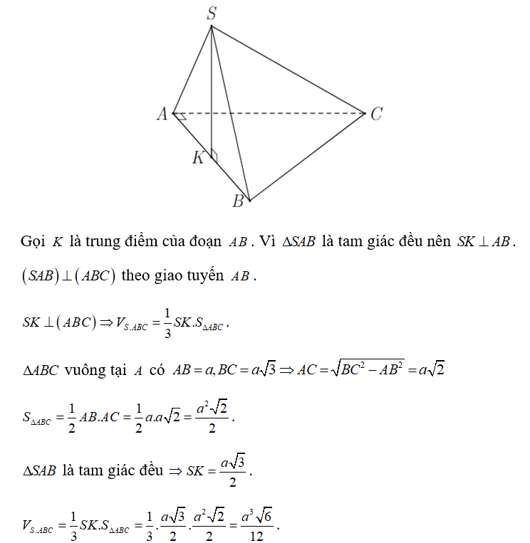 Cho hình chóp SABC  có đáy ABC  là tam giác vuông tại A và có AB = a; BC = a căn 3 (ảnh 1)