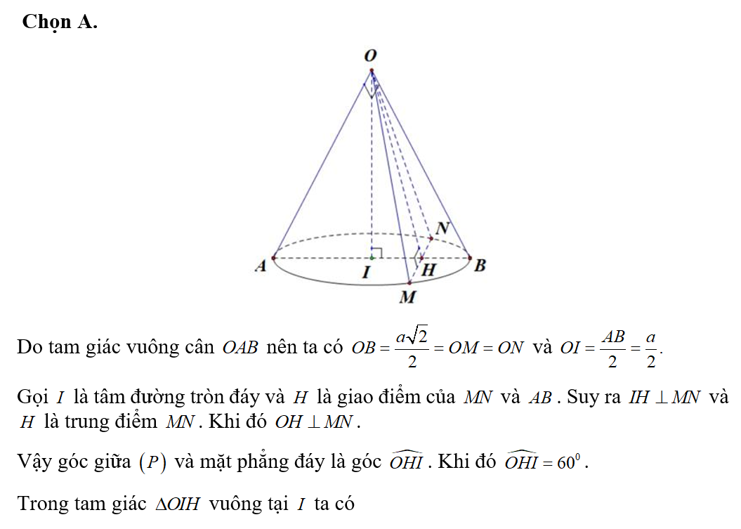 Cho hình nón đỉnh O có thiết diện đi qua trục là một tam giác vuông cân OAB (ảnh 1)