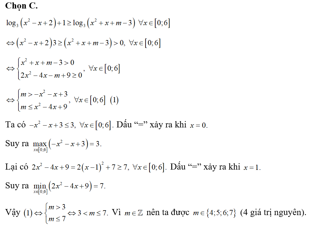 Cho bất phương trình log 3(x^2-x+2) + 1 lớn hơn bằng log 3(x^2+x+m-3). Có bao nhiêu giá trị nguyên của tham số (ảnh 1)