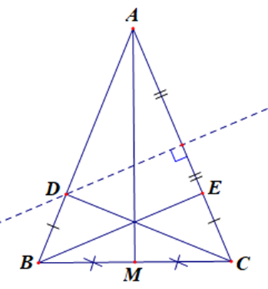 Đường trung trực của cạnh AC cắt AB tại D. Trên cạnh AC lấy điểm E sao cho CE = BD (ảnh 1)