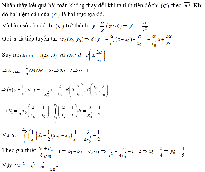 Cho hàm số y = ax + b/ cx + d  có đồ thị (C) . Gọi giao điểm của hai đường tiệm cận là I . Điểm Mo(xo; yo) di động trên (C) (ảnh 1)