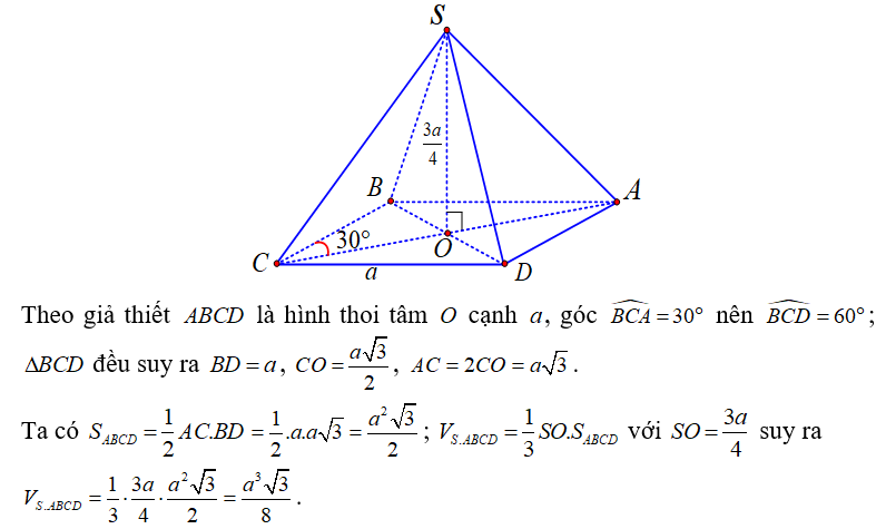 Cho hình chóp SABCD  có đáy ABCD  là hình thoi tâm O cạnh a (ảnh 1)