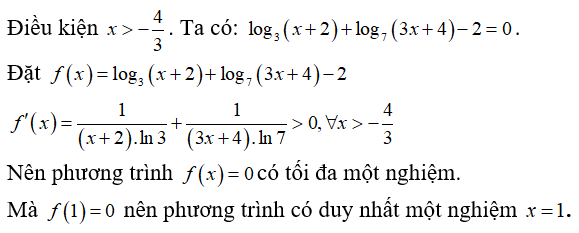 Phương trình log 3( x + 2) + log 7( 3x +4) = 2  có bao nhiêu nghiệm? (ảnh 1)