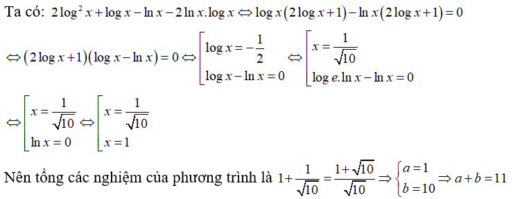 Tổng các nghiệm của phương trình 2log^2x -ln = 2lnx. log x - log x  là một số có dạng (ảnh 1)