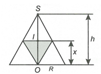 Cho hình nón N1 có đỉnh S, chiều cao h. Một hình nón N2 có đỉnh là tâm của đáy N1 và có đáy là một thiết diện song song với đáy của N2 như hình vẽ.  Khối nón N2 có thể tích lớn nhất khi chiều cao x bằng (ảnh 2)