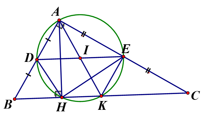 Cho tam giác ABC vuông tại A, đường cao AH. Gọi D và E lần lượt là trung điểm các cạnh AB và AC a) Chứng minh tam giác ADE bằng tam giác HDE.  (ảnh 1)