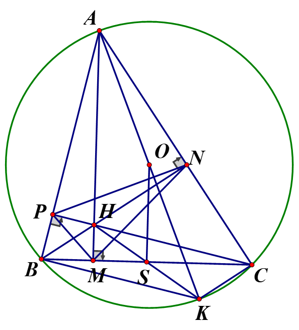 Cho tam giác ABC có ba góc nhọn nội tiếp trong đường tròn tâm O; các đường cao AM, CP, và BN cắt nhau tại H. (ảnh 1)