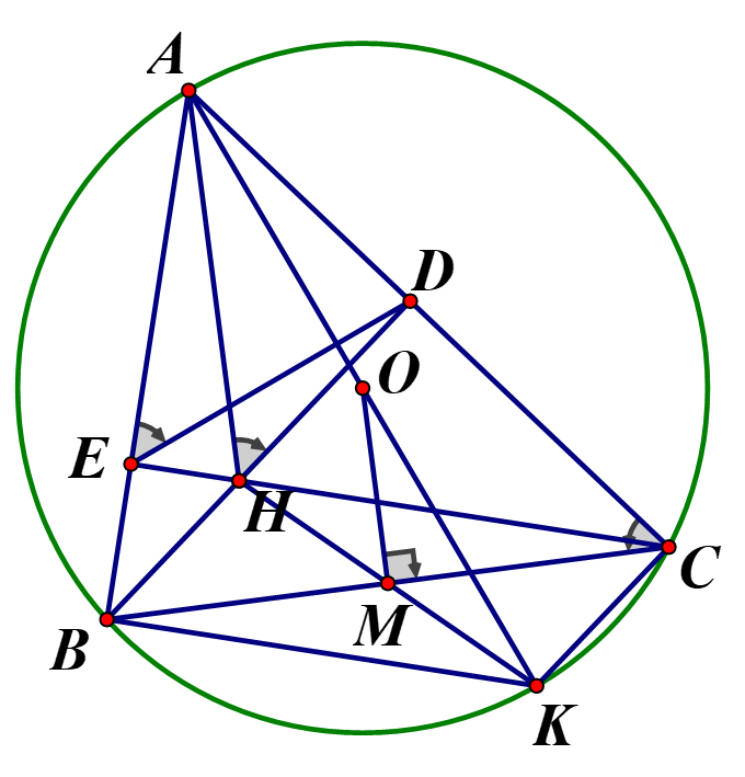 Cho tam giác ABC có ba góc nhọn nội tiếp trong đường tròn tâm O. Các đường cao BD và CE của tam giác cắt nhau tại H ().  a. Chứng minh tứ giác AEHD nội tiếp được đường tròn. Từ đó suy ra  (ảnh 1)