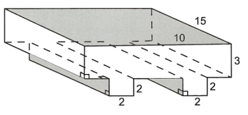 Một khúc gỗ có dạng với độ dài các cạnh được cho như hình vẽ bên. Thể tích khối đa diện tương ứng là  (ảnh 1)