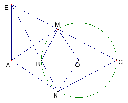 Cho đường tròn (O; R) đường kính BC. Trên tia đối của tia BC lấy điểm A. Qua A vẽ đường thẳng d vuông góc với AB. (ảnh 1)