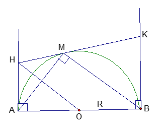 Cho nửa đường tròn (O, R) đường kính AB cố định. Lấy điểm M thuộc nửa đường tròn (O;R). Qua M vẽ tiếp tuyến thứ ba với nửa đường tròn cắt các tiếp tuyến tại A và B (ảnh 1)