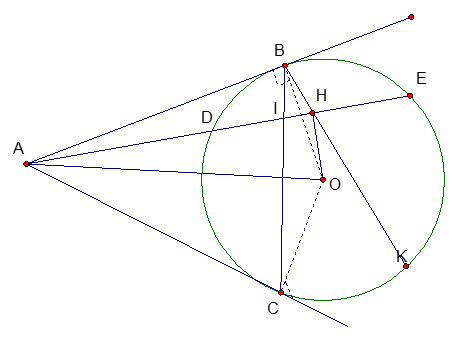 Cho đường tròn O và điểm A ngoài đường tròn đó. Vẽ các tiếp tuyến AB, AC và các tuyến ADE tới đường tròn ( B và C là tiếp điểm). (ảnh 1)