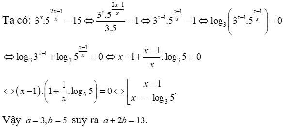 Phương trình 3^x . 5^ 2x -1/ x = 15  có một nghiệm dạng x = -log a b , với a, b là các số nguyên dương lớn hơn 1 và nhỏ hơn 8 (ảnh 1)
