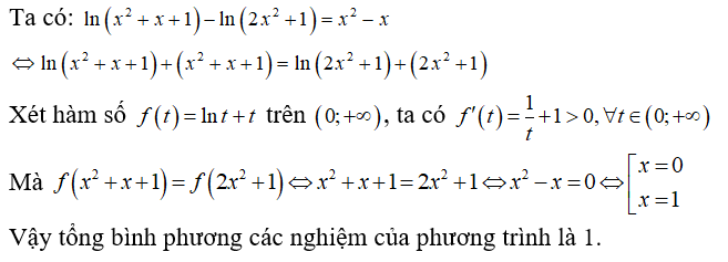 Phương trình ln( x^2 + x + 1) -ln( 2x^2 +1) = x^2 - x  có tổng bình phương các nghiệm bằng (ảnh 1)