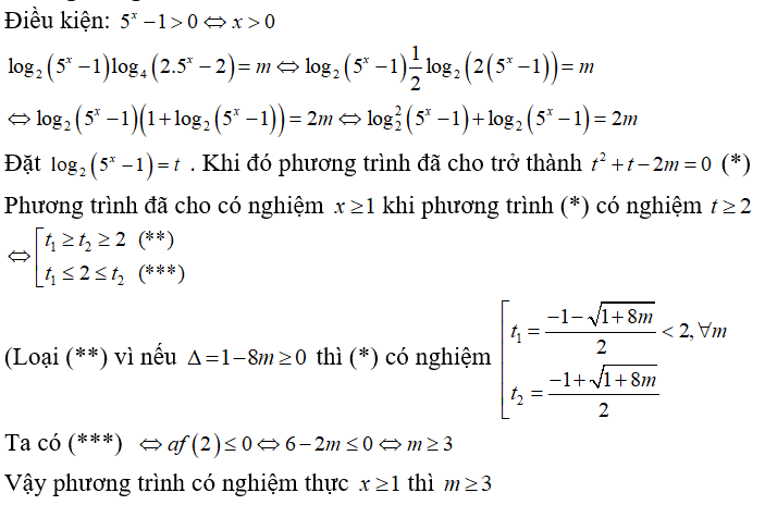 Có bao nhiêu giá trị nguyên của tham số m thuộc -10;10  để phương trình log 2( 5^x - 1) log 4( 2.5^x -2)= m  có nghiệm  ? (ảnh 1)