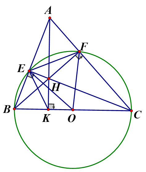 Cho đường tròn (O) đường kính BC = 2R và A là một điểm nằm ngoài đường tròn. Các tia BA, CA cắt (O) theo thứ tự tại E và F, EC cắt BF tại H (ảnh 1)
