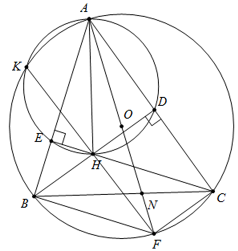 Cho đường tròn (O; R) và dây BC cố định, BC = R căn bậc hai 3 A là điểm di động trên cung lớn BC (A khác B, C) sao cho tam giác ABC nhọn. (ảnh 1)