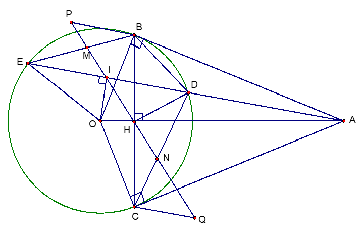 Từ điểm A nằm ngoài đường tròn (O), kẻ hai tiếp tuyến AB, AC đến đường tròn (O) (B, C là hai tiếp điểm). Vẽ cát tuyến ADE của đường tròn (O)  (ảnh 1)