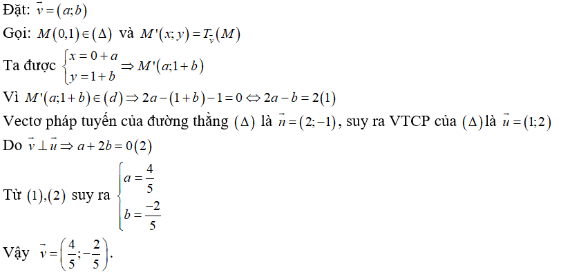 Trong mặt phẳng tọa độ Oxy, cho hai đường thẳng đenta: 2x -y +1 = 0  và d: 2x - y - 1 = 0 . Tìm tọa độ vecto v  có giá vuông góc với (ảnh 1)