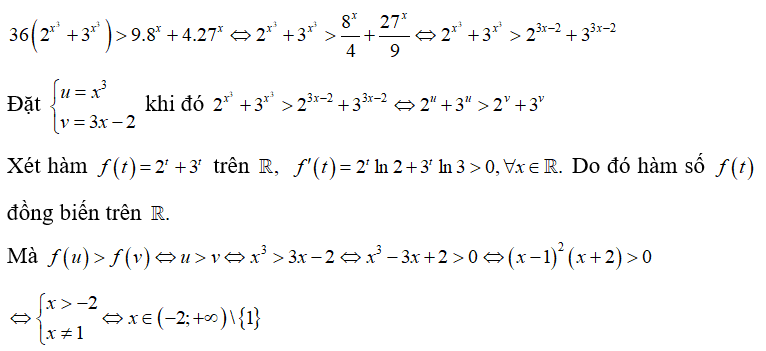 Cho bất phương trình 36( 2^x^3 + 3^ x^3) lớn hơn 9.8^ x + 4. 27^x  Nghiệm của bất phương trình là (ảnh 1)