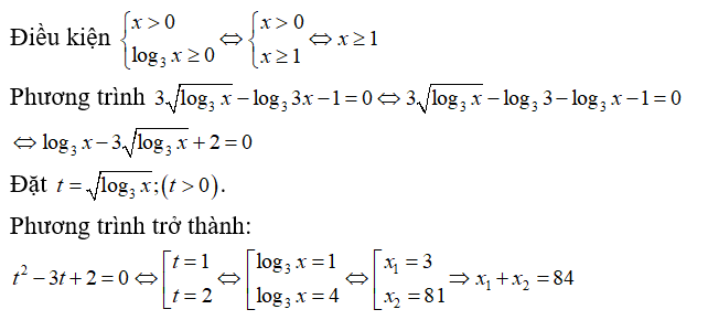 Tổng tất cả các nghiệm của phương trình 3 căn log 3 x - log 3 3x - 1 = 0  bằng (ảnh 1)