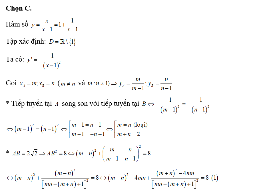 Cho hàm số y= x/x-1 có đồ thị (C). Gọi A,B( xA khác xB)  là 2 điểm trên (C) mà tiếp tuyến tại (ảnh 1)