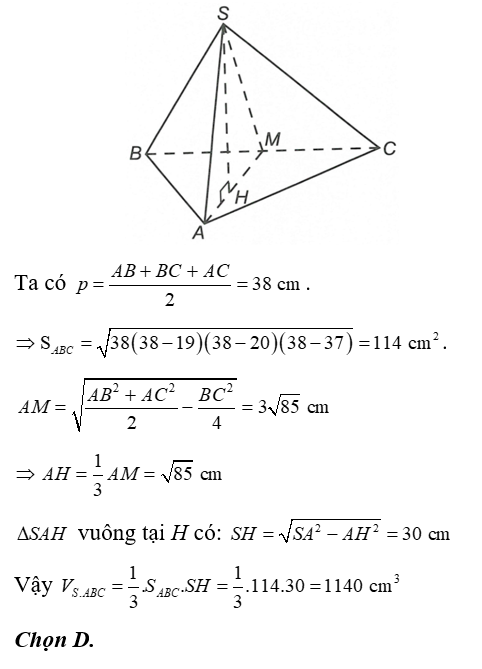 Cho hình chóp SABC , đáy là tam giác ABC có AB = 19 cm , BC = 20 cm , AC = 37 cm , cạnh bên (ảnh 1)