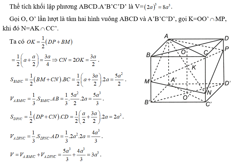 Cho hình lập phương ABCD.A’B’C’D’ cạnh 2a, gọi M là trung điểm của BB’ và P thuộc cạnh DD’ sao cho (ảnh 1)