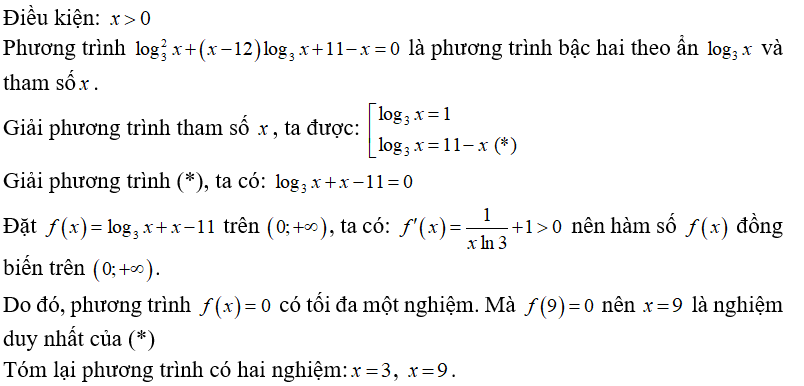 Phương trình log 3 x^2 + ( x - 12)log 3 x + 11 - x = 0 có tất cả bao nhiêu nghiệm? (ảnh 1)