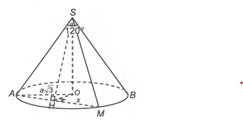 Một hình nón đỉnh S bán kính đáy R = a căn bậc hai 3, góc ở đỉnh là 120 độ. Mặt phẳng qua đỉnh hình nón cắt hình nón theo thiết diện là một tam giác (ảnh 1)
