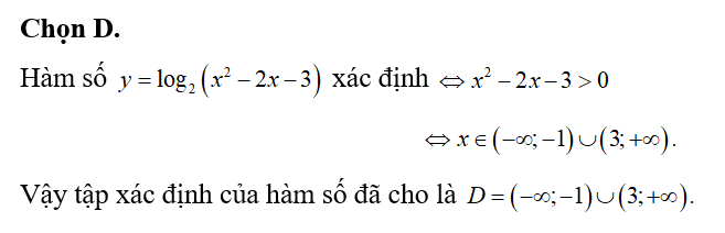 Tập xác định của hàm số y=log2(x^2-2x-3) là  (ảnh 1)