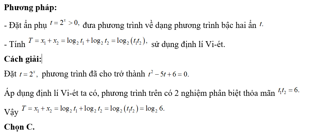 Gọi T là tổng tất cả các nghiệm của phương trình 4^x-5.2^x+6=0. Tính giá trị của T  (ảnh 1)