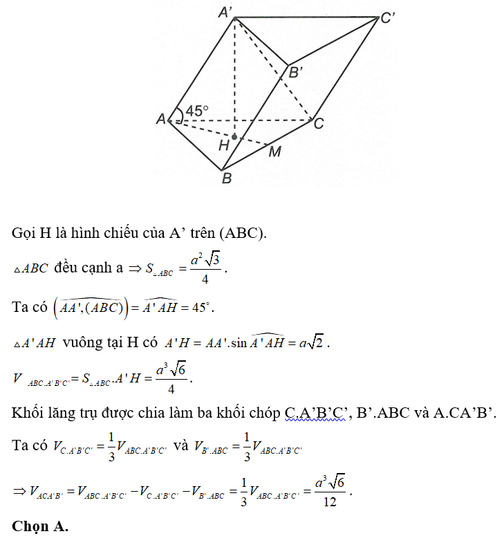 Cho khối lăng trụ tam giác ABC.A’B’C’ có đáy là tam giác đều cạnh a. Cạnh AA’=2a và tạo với đáy một góc (ảnh 1)