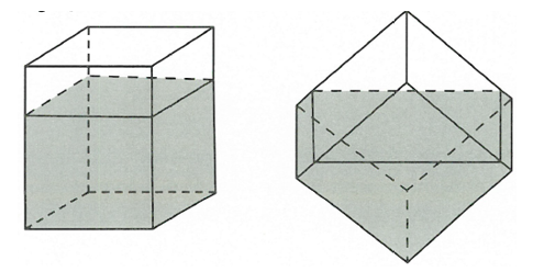 Cho một khối lập phương có cạnh bằng 1m. Biết rằng chiều cao mực nước trong khối lập phương là 0,6m. Hỏi khi đặt khối lập phương đứng ở vị trí đứng cân bằng trên một cạnh như hình vẽ thì chiều cao h mực nước tính từ mặt phẳng đạt là bao nhiêu ? (ảnh 1)