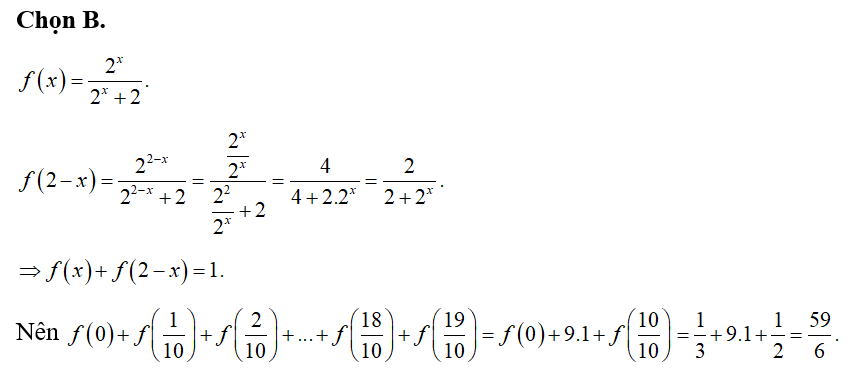 Cho hàm số f(x)= 2^x/ 2^x+2. Tổng f(0)+ f(1/10) f( 2/10)+...+f(18/10)+f(19/10) bằng (ảnh 1)