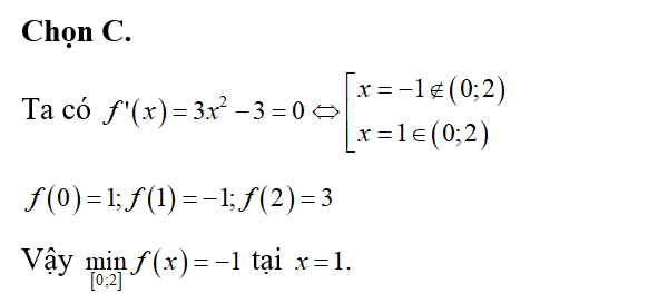 Giá trị nhỏ nhất của hàm số f(x)=x^3-3x+1 trên đoạn [0;2] bằng (ảnh 1)