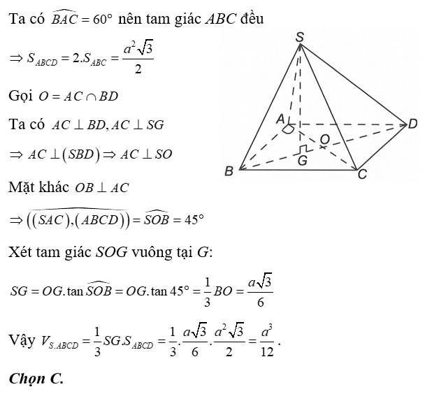Cho hình chóp SABCD  có đáy ABCD là hình thoi cạnh a, góc BAC = 60 độ , hình chiếu vuông góc của S trên mặt phẳng (ảnh 1)
