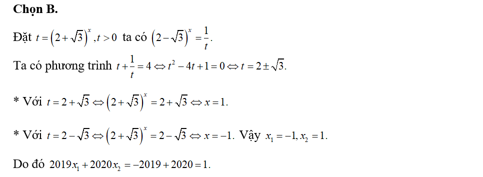 Gọi x1,x2(x1<x2) là nghiệm của phương trình (2-căn bậc hai 3)^x+ (2+ căn bậc hai 3)^x=4 Khi (ảnh 1)